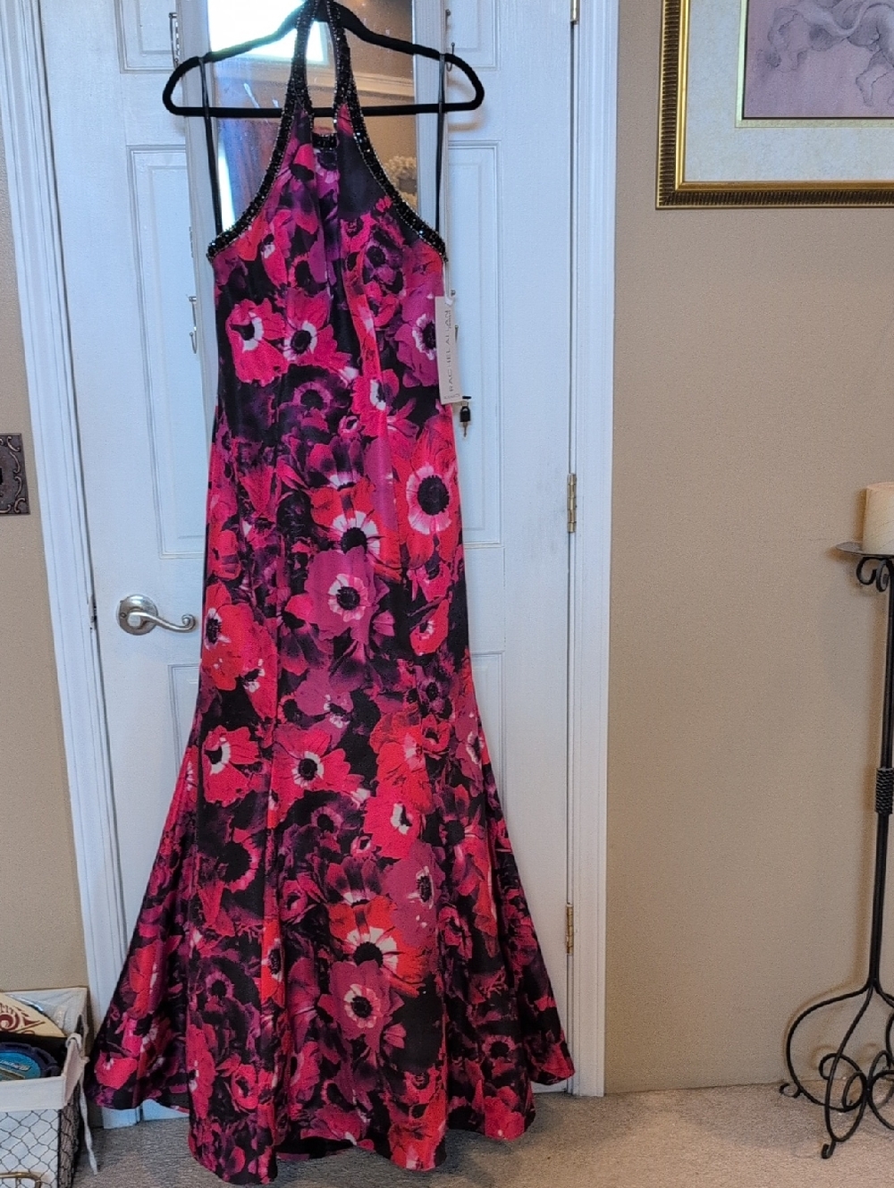 Beaded Halter Floral  Evening Dress in Fuchsia Pink